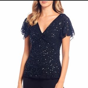 Adrianna-Papell beaded flutter sleeves silk dressy top